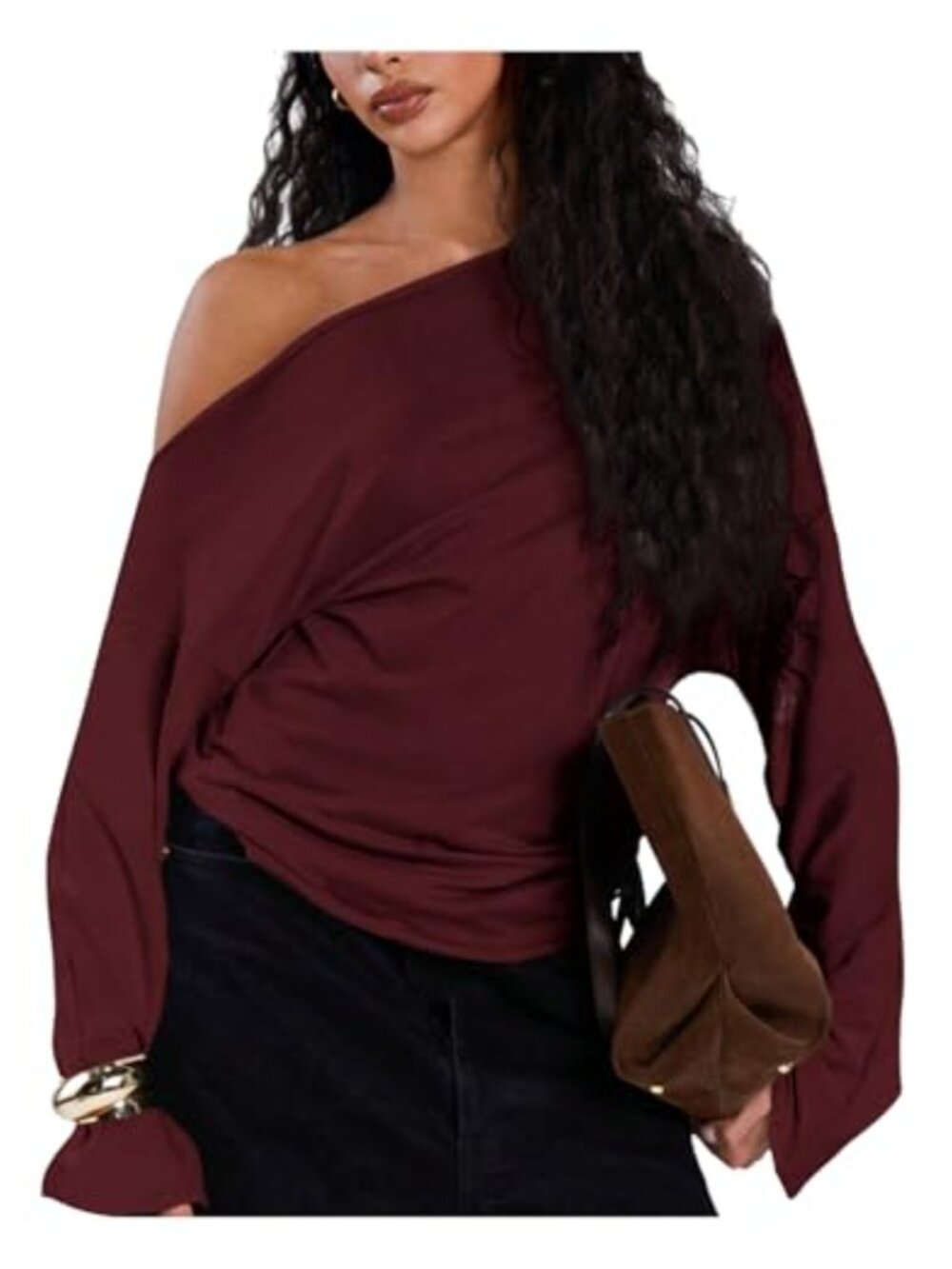 Off Shoulder Asymmetrical Sweatshirt Long Sleeve Crop Top Loose Fit